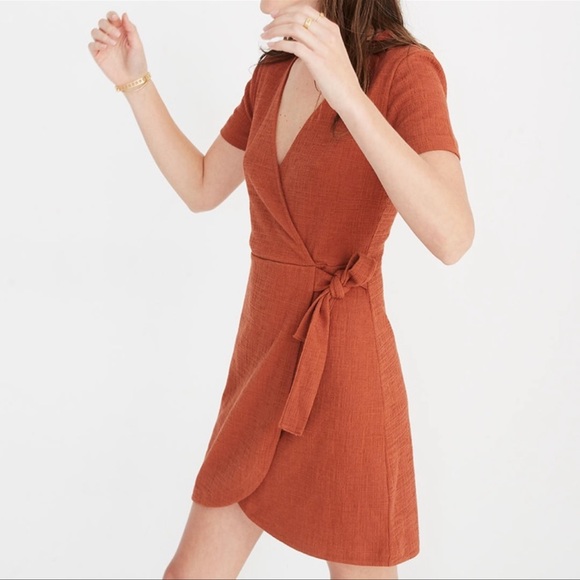 Madewell Texture and Thread Faux Wrap Dress, Rust, Small - Picture 3 of 7